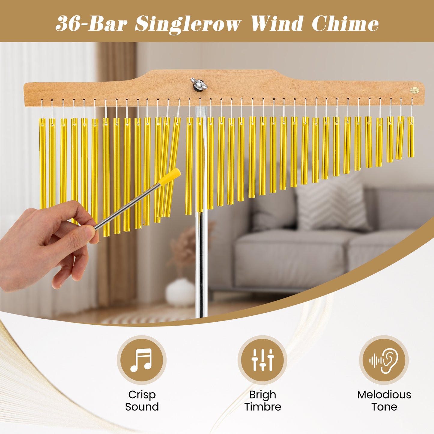 36-Bar Single-Row Chimes Percussion Instrument, Golden