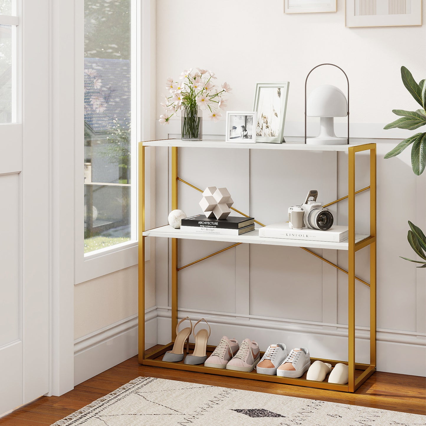 36" Console Table 2-Tier Entryway Table with Wooden Open Shelves and Metal Frame, White Console Tables at Gallery Canada