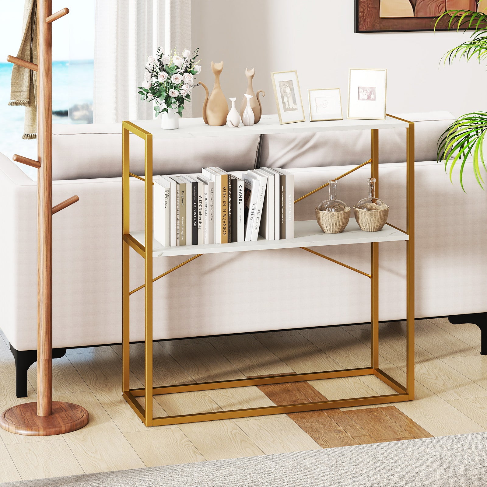36" Console Table 2-Tier Entryway Table with Wooden Open Shelves and Metal Frame, White Console Tables at Gallery Canada