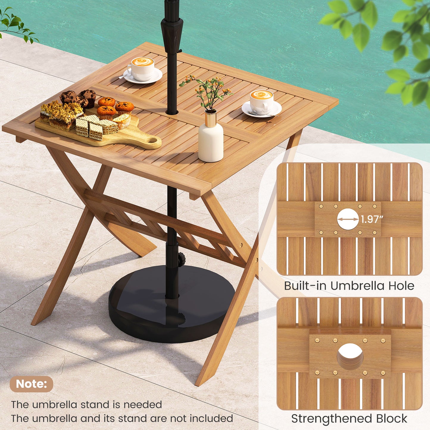36-Inch Acacia Wood Folding Patio Dining Table with Umbrella Hole for 4 People Patio Dining Tables at Gallery Canada
