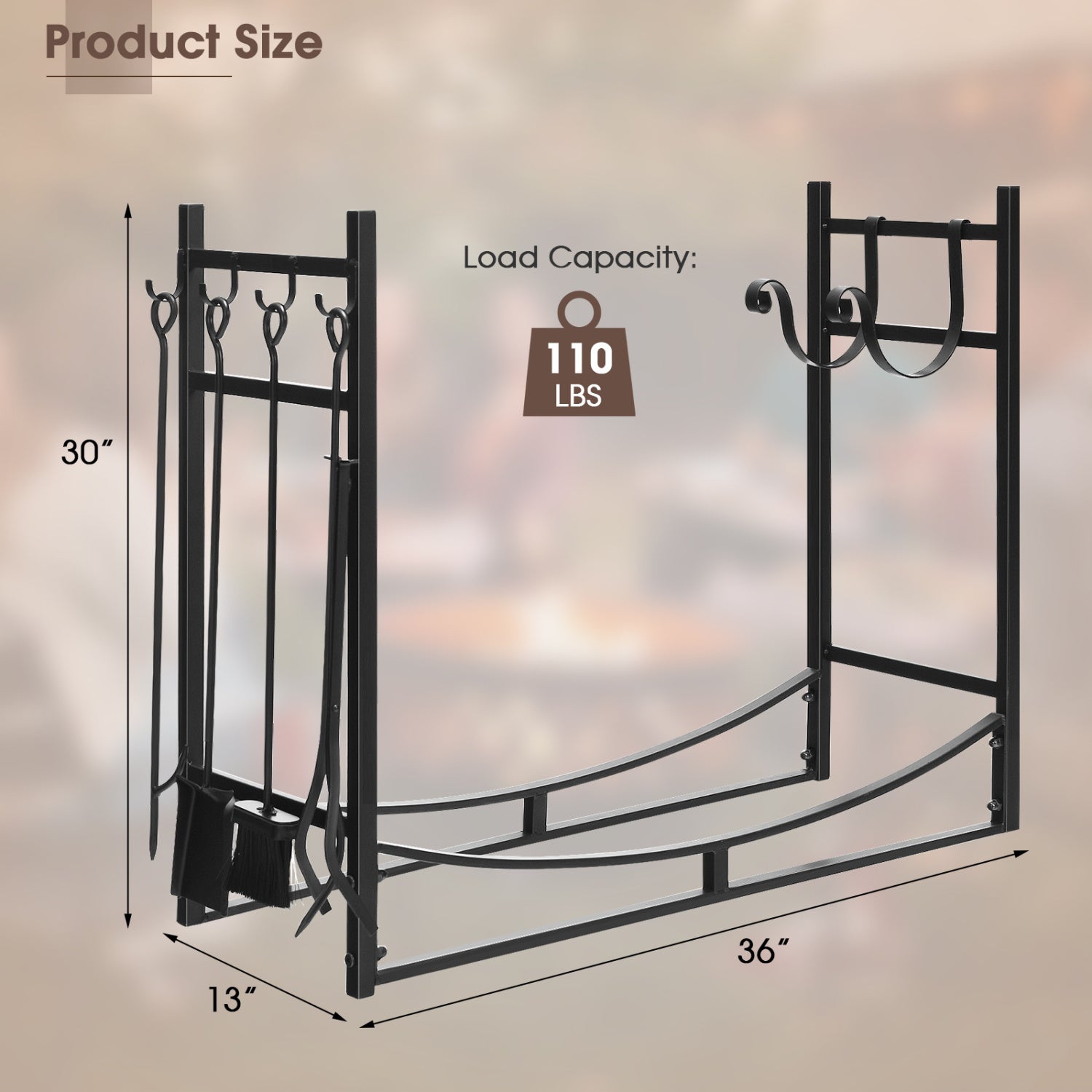 36 Inch Fireplace Log Holder, Kindling Holder, Shovel, Black Log Storage at Gallery Canada