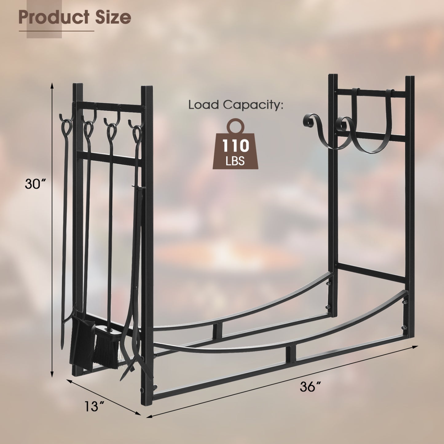 36 Inch Fireplace Log Holder, Kindling Holder, Shovel, Black Log Storage at Gallery Canada
