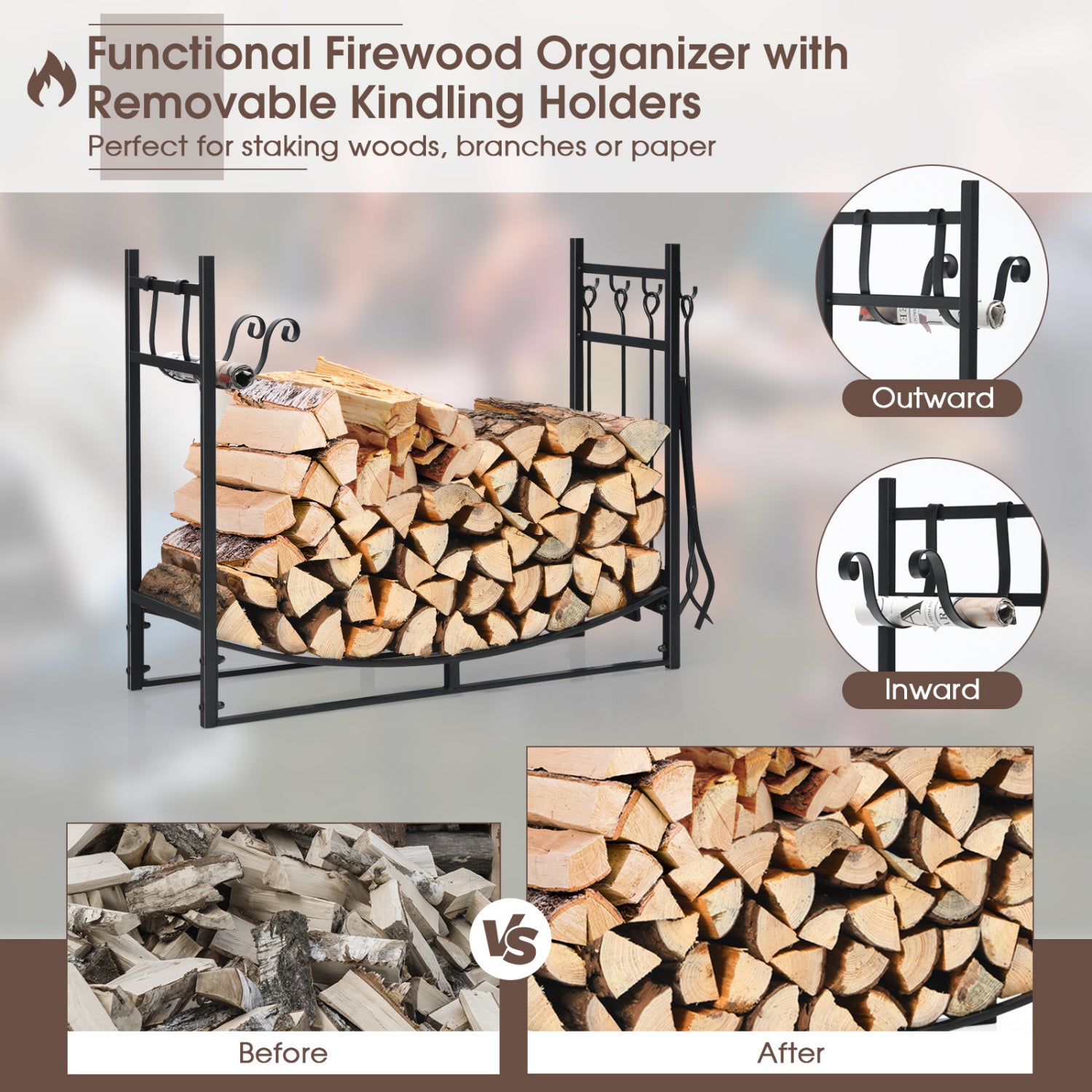 36 Inch Fireplace Log Holder, Kindling Holder, Shovel, Black Log Storage at Gallery Canada