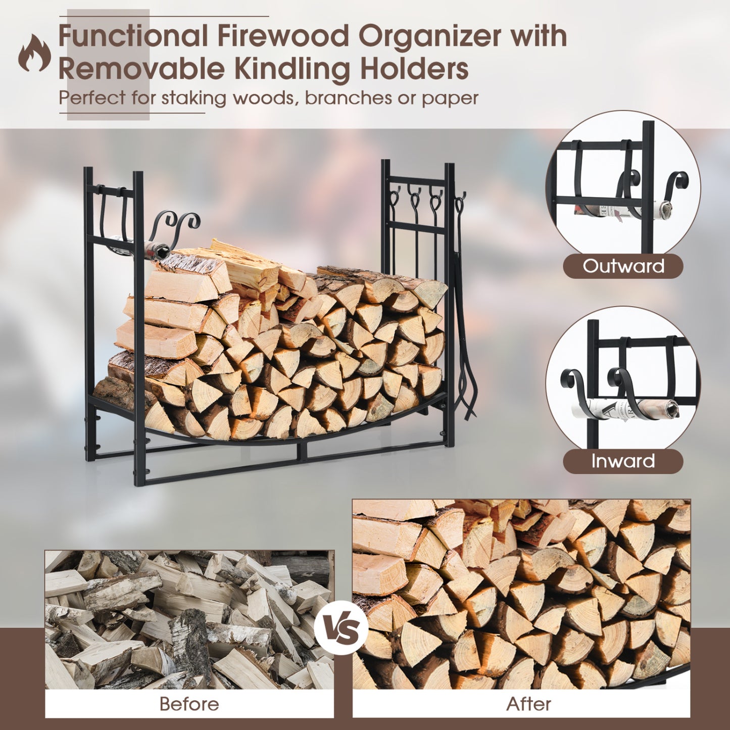 36 Inch Fireplace Log Holder, Kindling Holder, Shovel, Black Log Storage at Gallery Canada