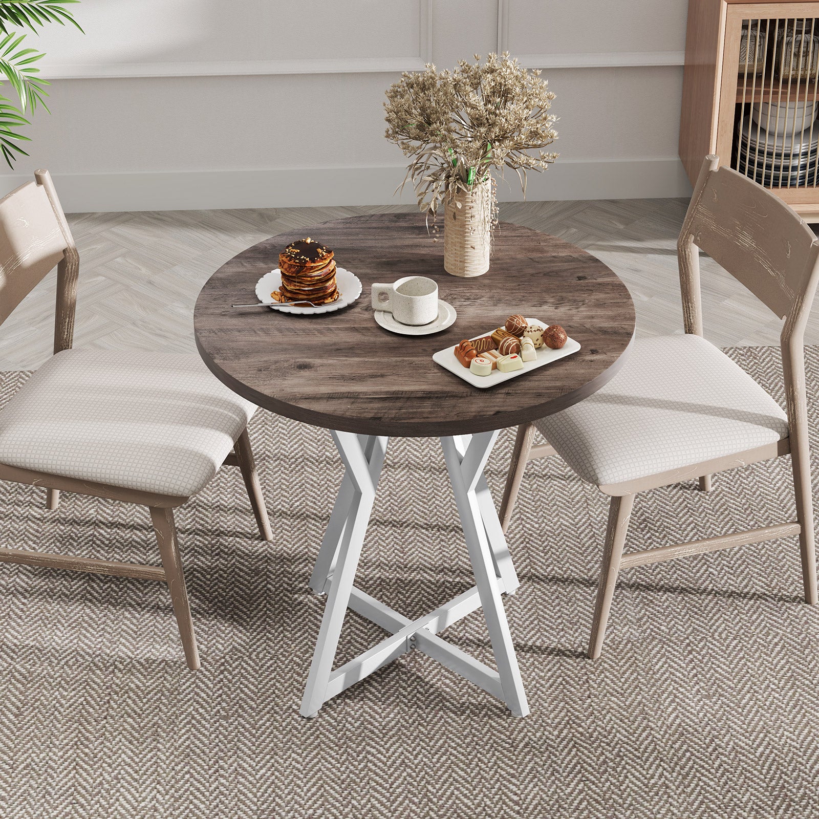 36 Inch Round Dining Table with Metal Pedestal Base, Natural Dining Tables at Gallery Canada