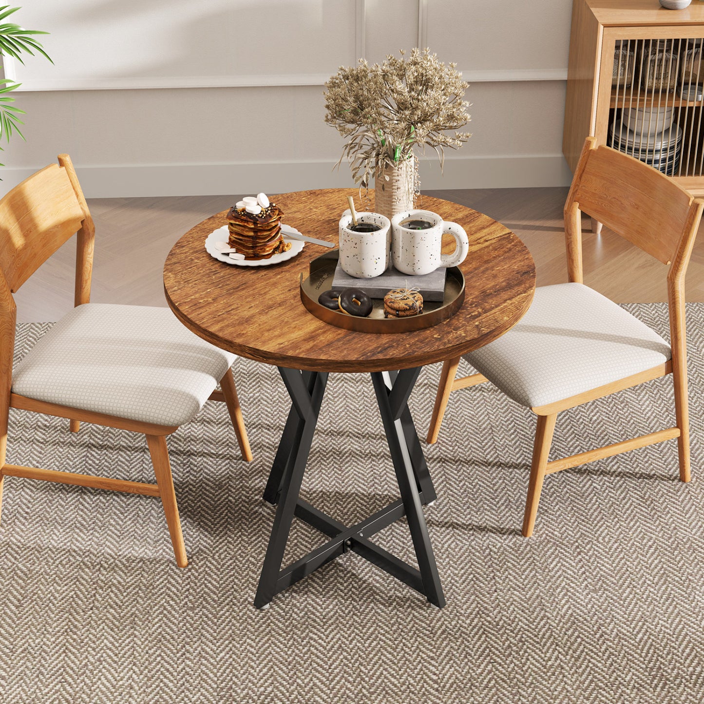 36 Inch Round Dining Table with Metal Pedestal Base, Rustic Brown Dining Tables at Gallery Canada
