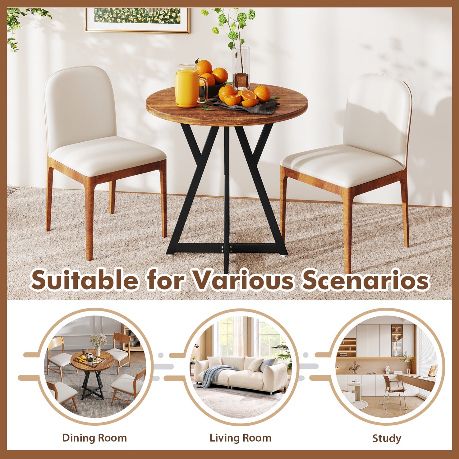 36 Inch Round Dining Table with Metal Pedestal Base, Rustic Brown Dining Tables at Gallery Canada