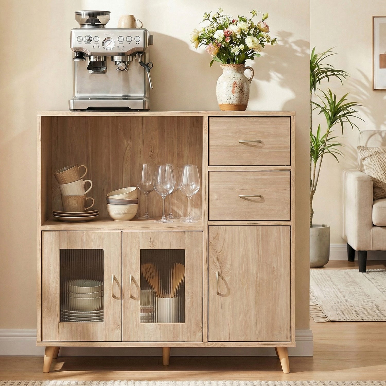 36 Inch Sideboard Buffet Cabinet, Open Compartment, Natural Sideboards Cabinets & Buffets at Gallery Canada