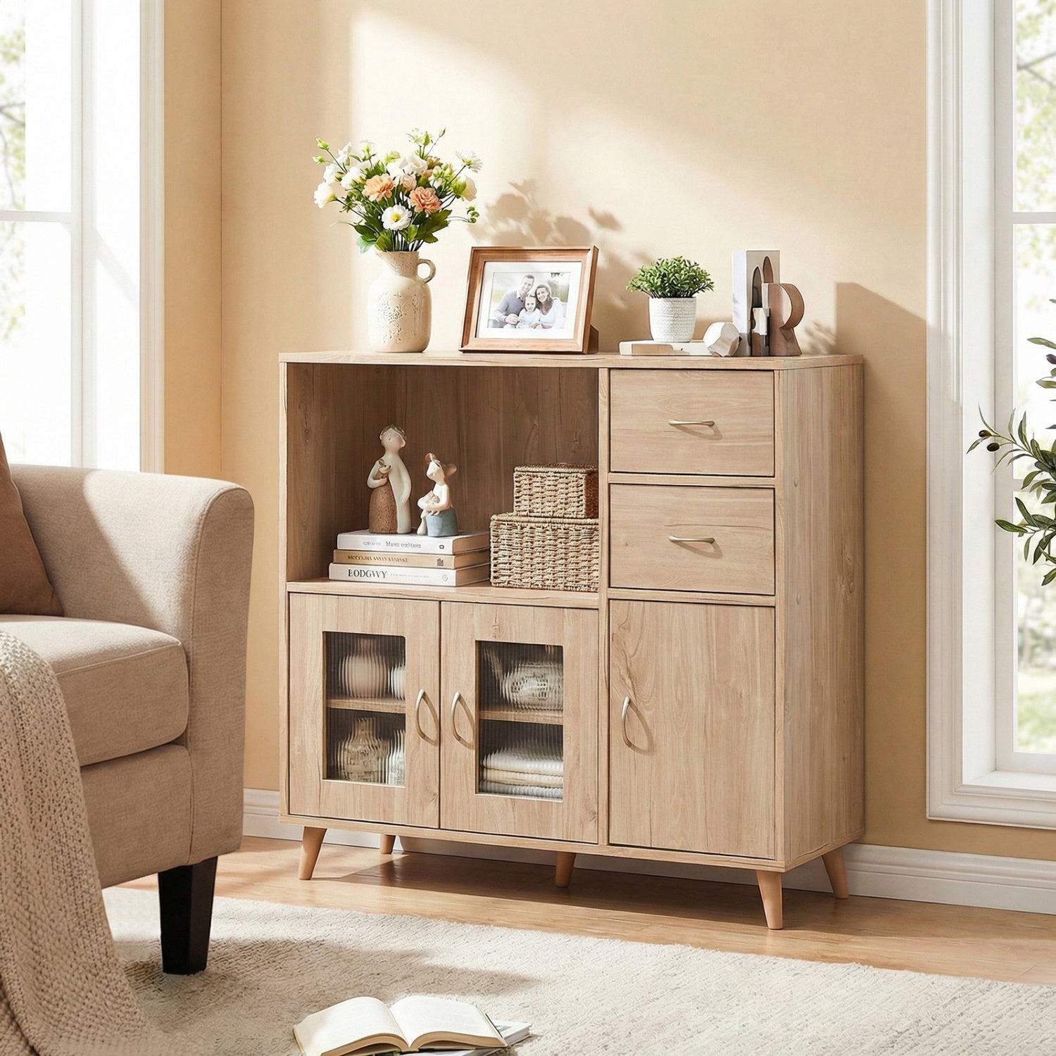 36 Inch Sideboard Buffet Cabinet, Open Compartment, Natural Sideboards Cabinets & Buffets at Gallery Canada
