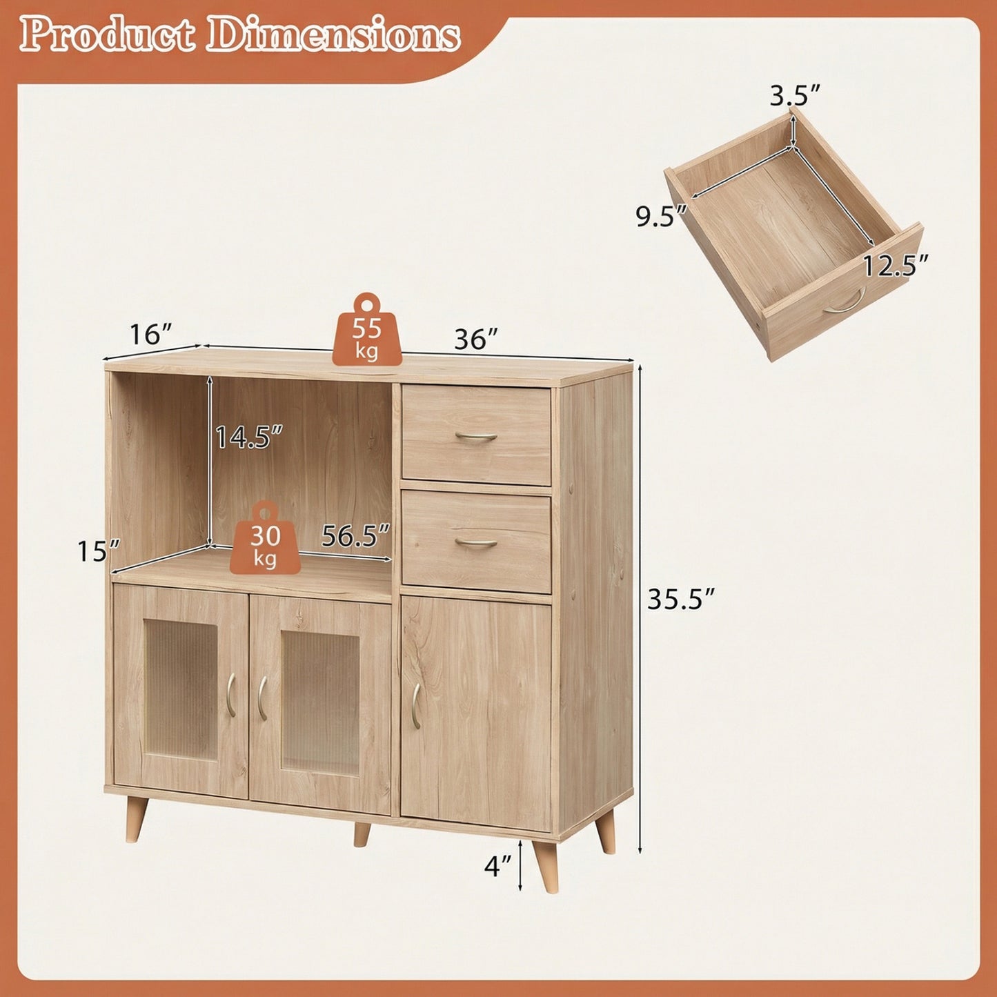 36 Inch Sideboard Buffet Cabinet, Open Compartment, Natural Sideboards Cabinets & Buffets at Gallery Canada
