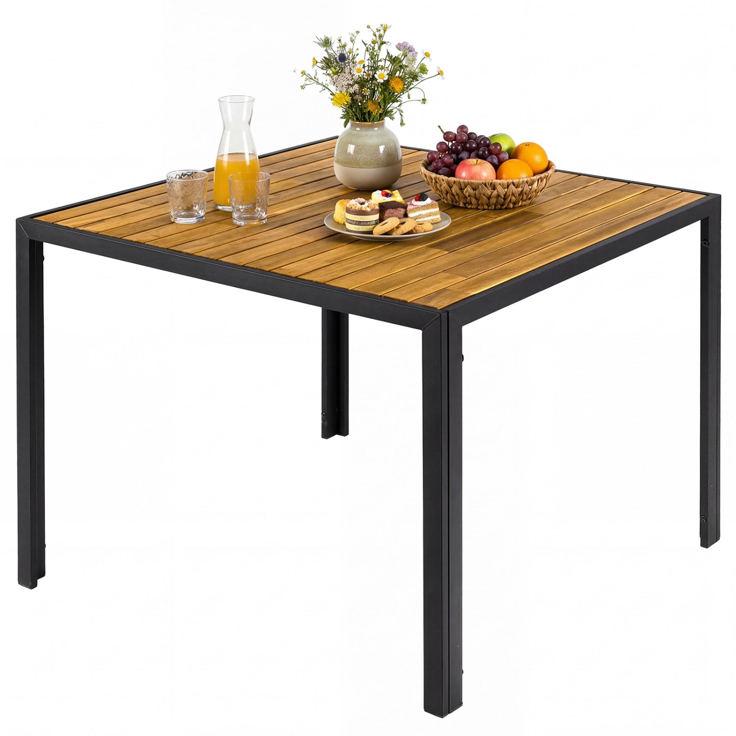 36 Inch Square Outdoor Dining Table, Slatted Top, For 4 Picnic Tables Natural + Black at Gallery Canada