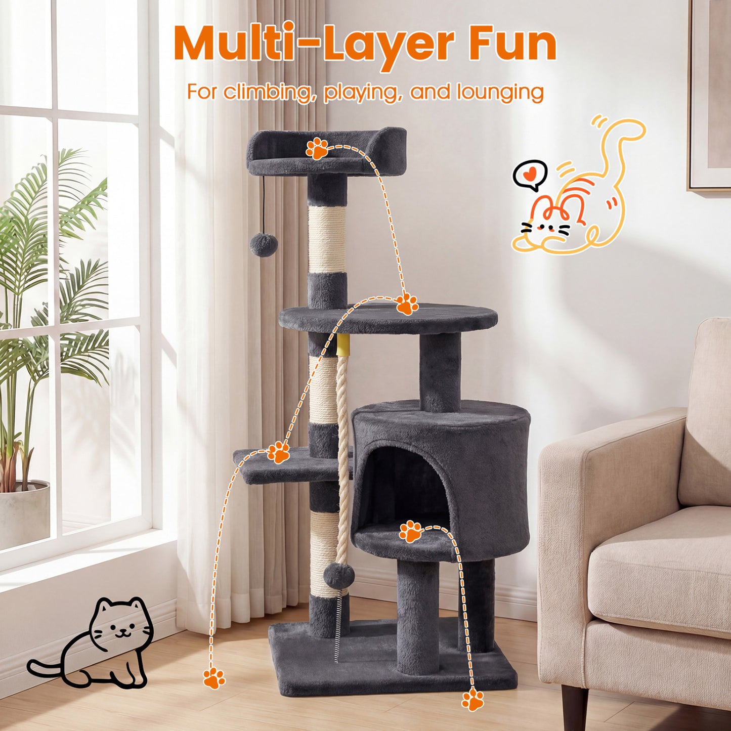 36 Inch Tall Kitten Tower, Condo, Plush Perch, Dark Gray Cat Trees Condos & Scratchers at Gallery Canada