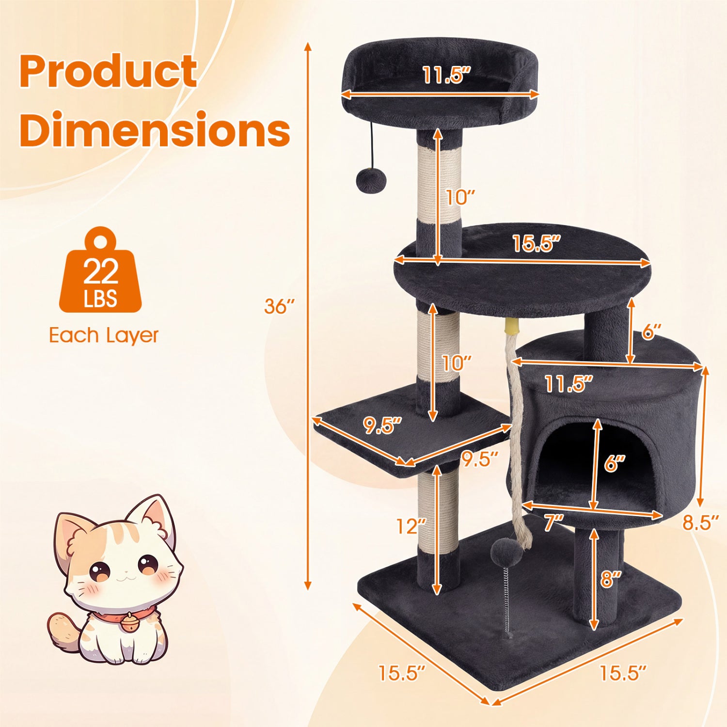 36 Inch Tall Kitten Tower, Condo, Plush Perch, Dark Gray Cat Trees Condos & Scratchers at Gallery Canada