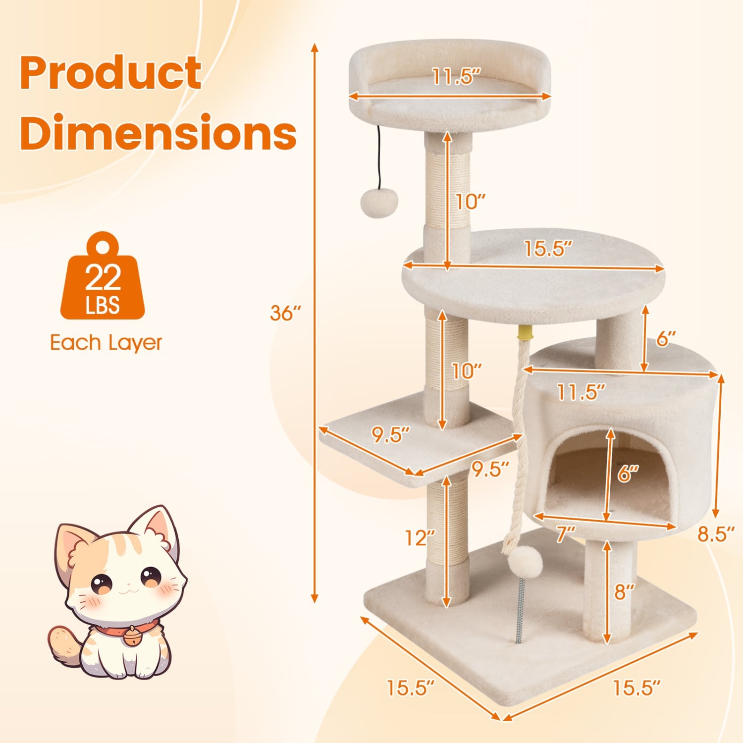 36 Inch Kitten Tower With Condo, Plush Perch, Beige Cat Trees Condos & Scratchers at Gallery Canada