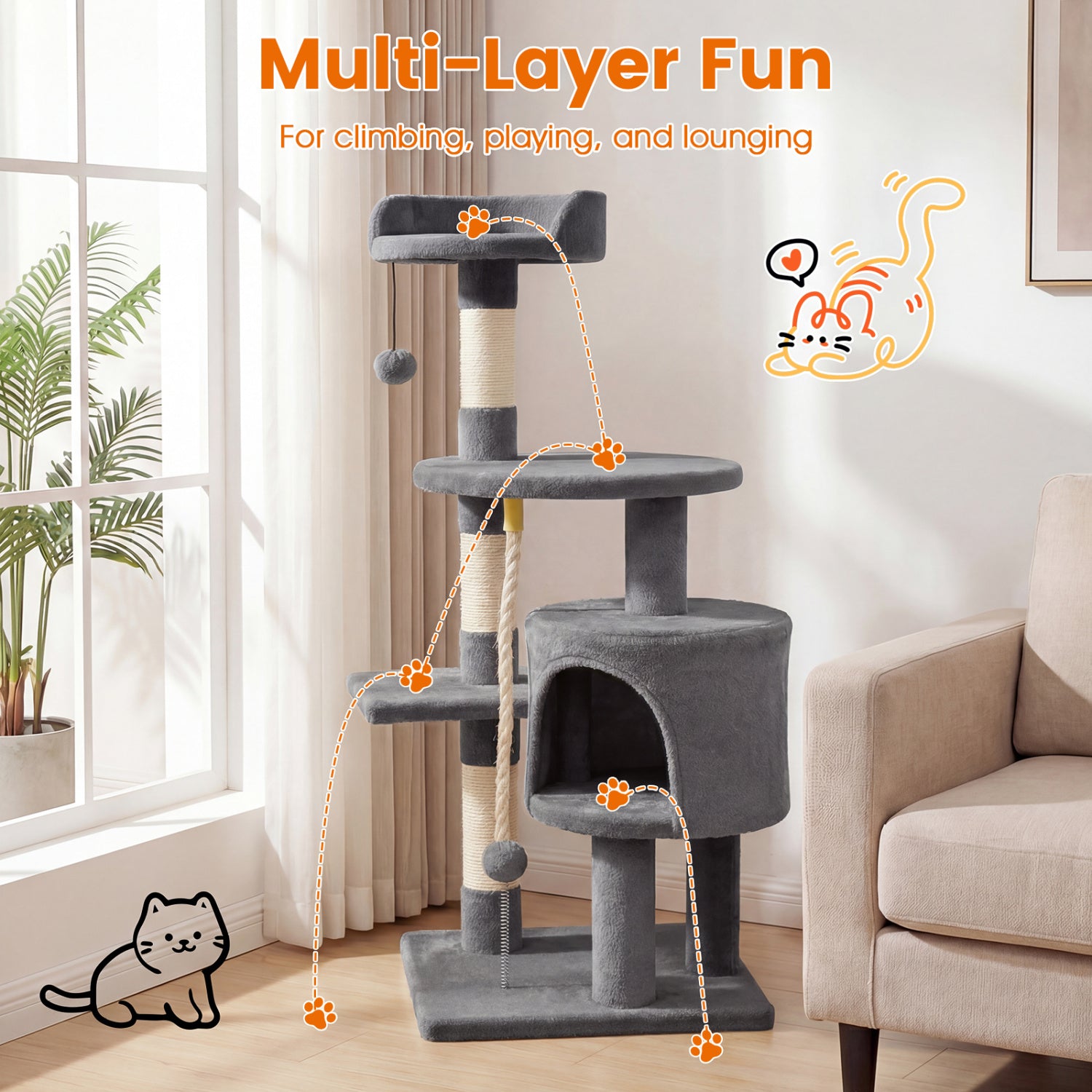 36 Inch Tall Kitten Tower, Condo And Plush Perch, Light Gray Cat Trees Condos & Scratchers at Gallery Canada