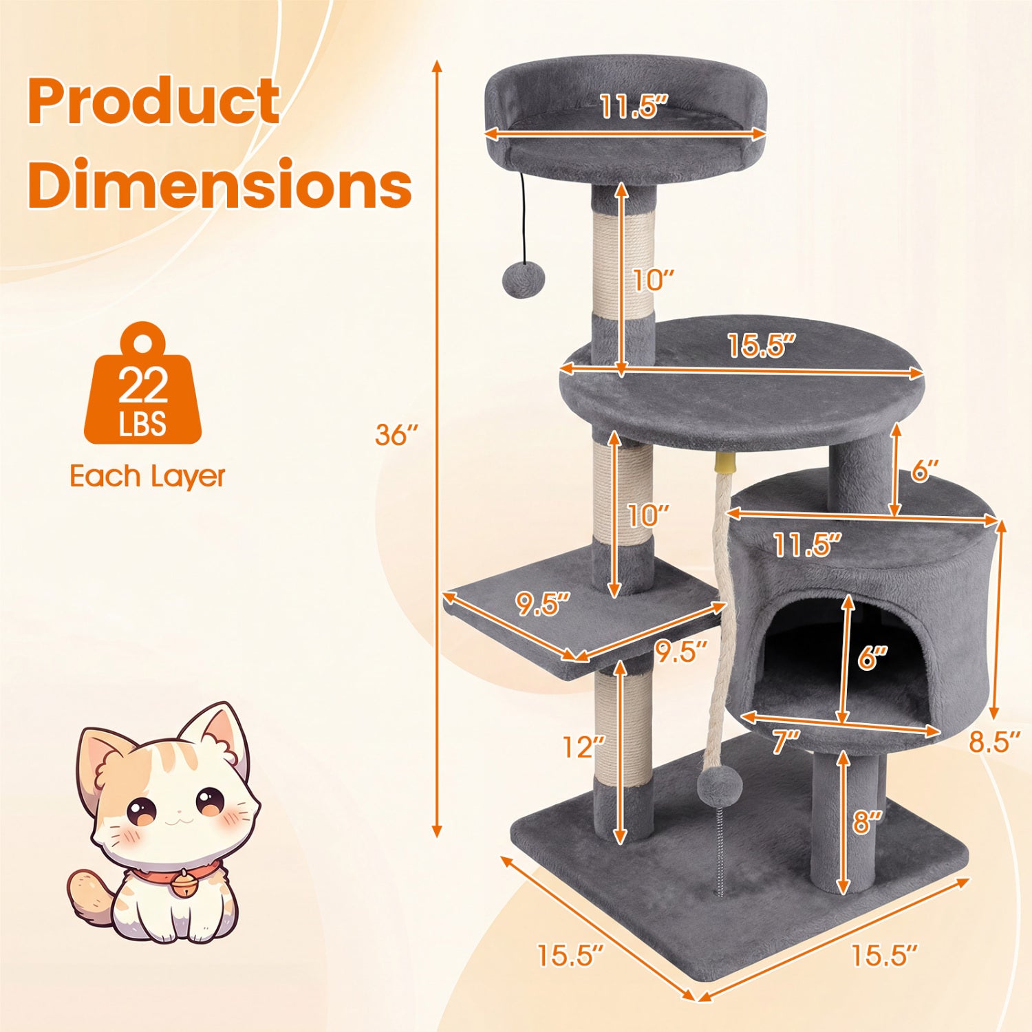 36 Inch Tall Kitten Tower, Condo And Plush Perch, Light Gray Cat Trees Condos & Scratchers at Gallery Canada