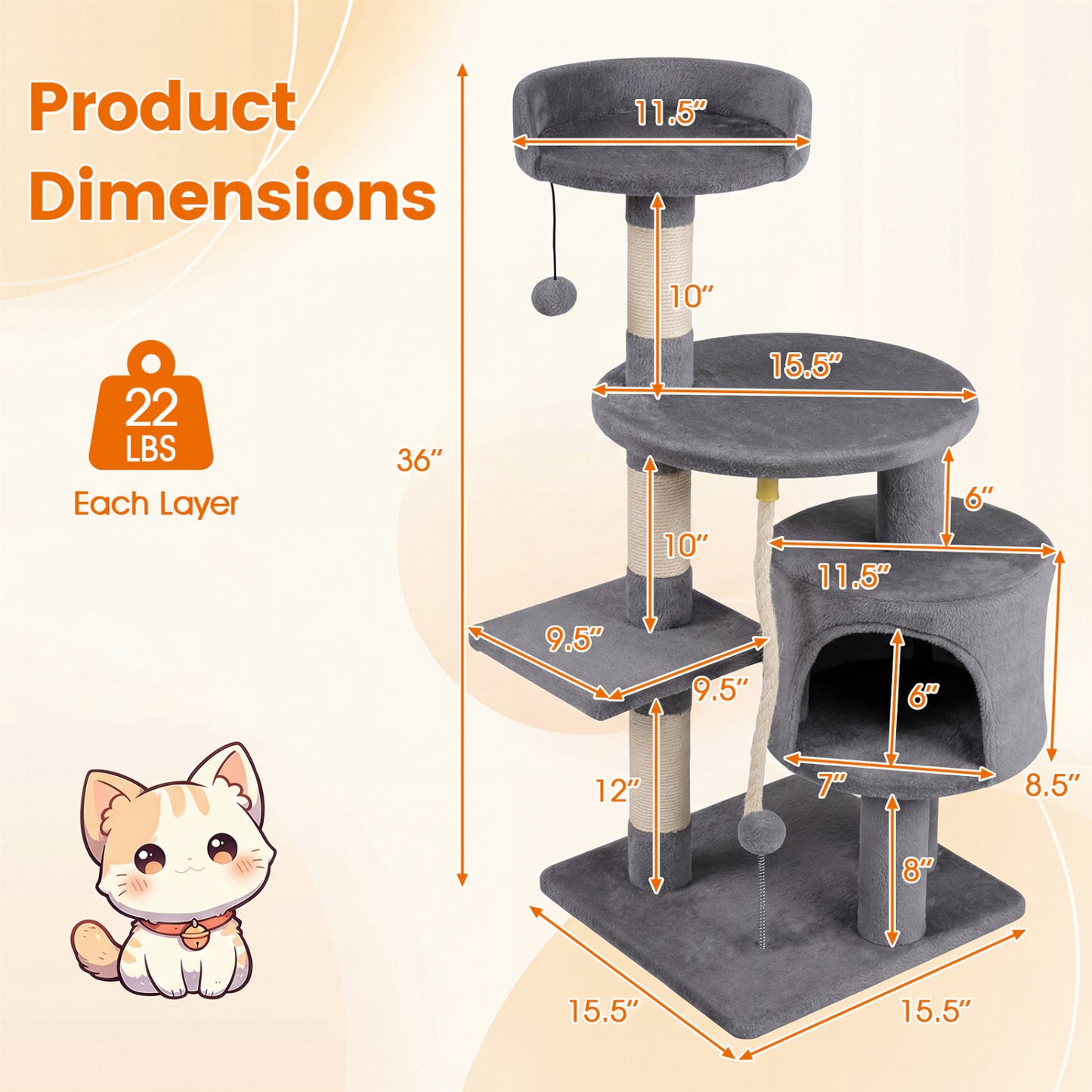 36 Inch Tall Kitten Tower, Condo And Plush Perch, Light Gray Cat Trees Condos & Scratchers at Gallery Canada