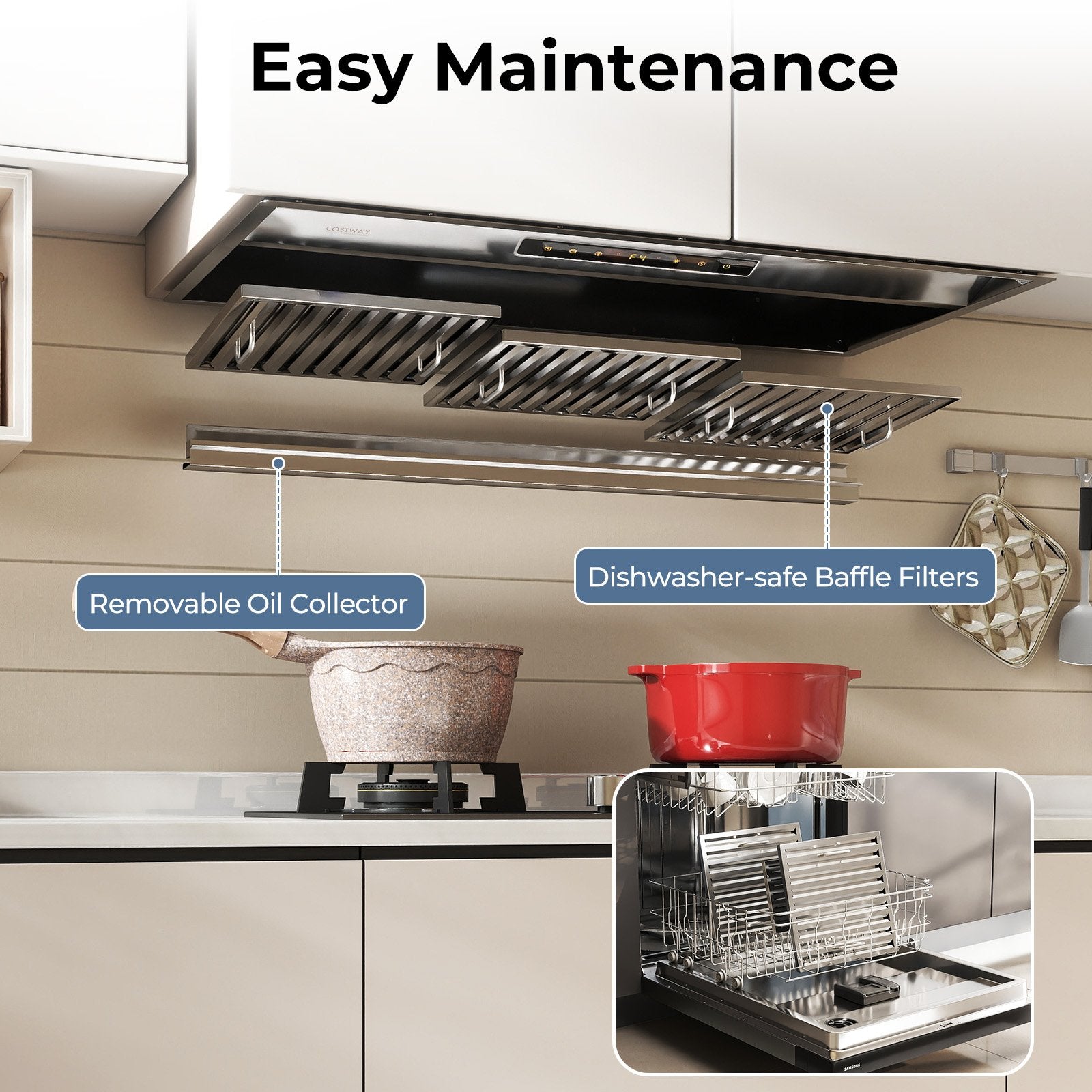 36 Inch Under Cabinet Range Hood with 4 Fan Speeds and Baffles Filters, Silver Kitchen Appliances at Gallery Canada