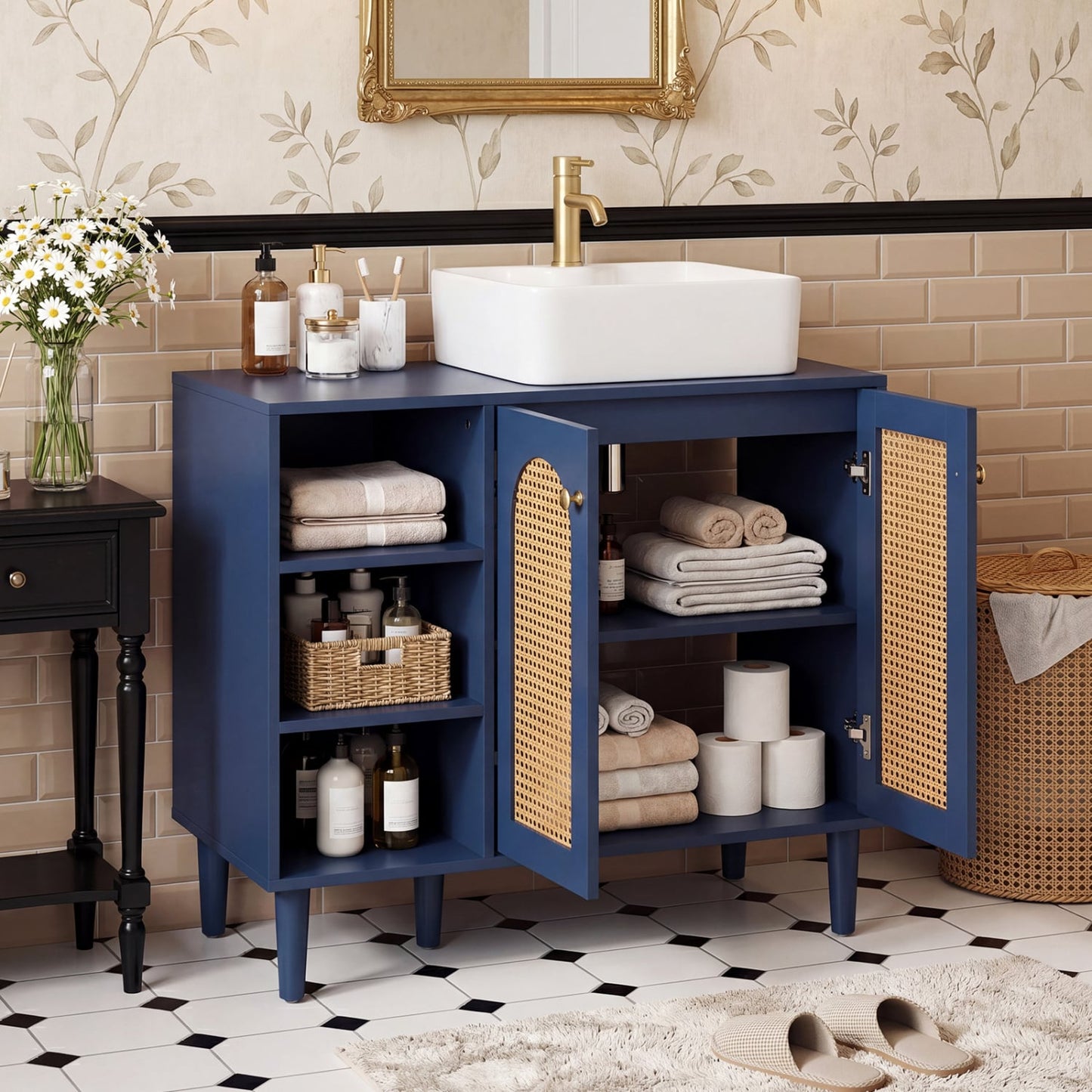 36 Inch Under Sink Cabinet, Boho Sink Base, Navy Floor Cabinets at Gallery Canada