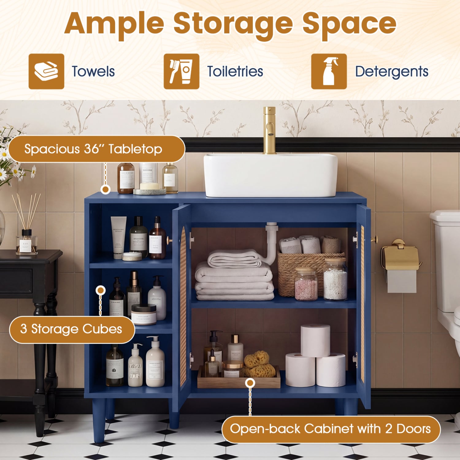 36 Inch Under Sink Cabinet, Boho Sink Base, Navy Floor Cabinets at Gallery Canada