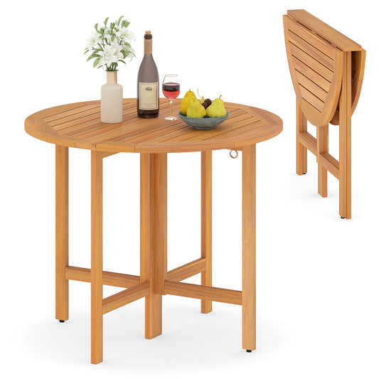 36 Inches Outdoor Folding Round Dining Table with Slatted Tabletop, Teak Patio Dining Tables Teak at Gallery Canada