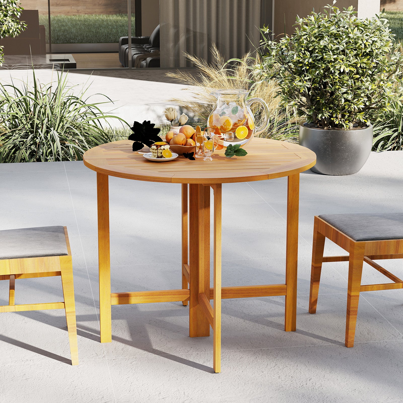 36 Inches Outdoor Folding Round Dining Table with Slatted Tabletop, Teak Patio Dining Tables at Gallery Canada