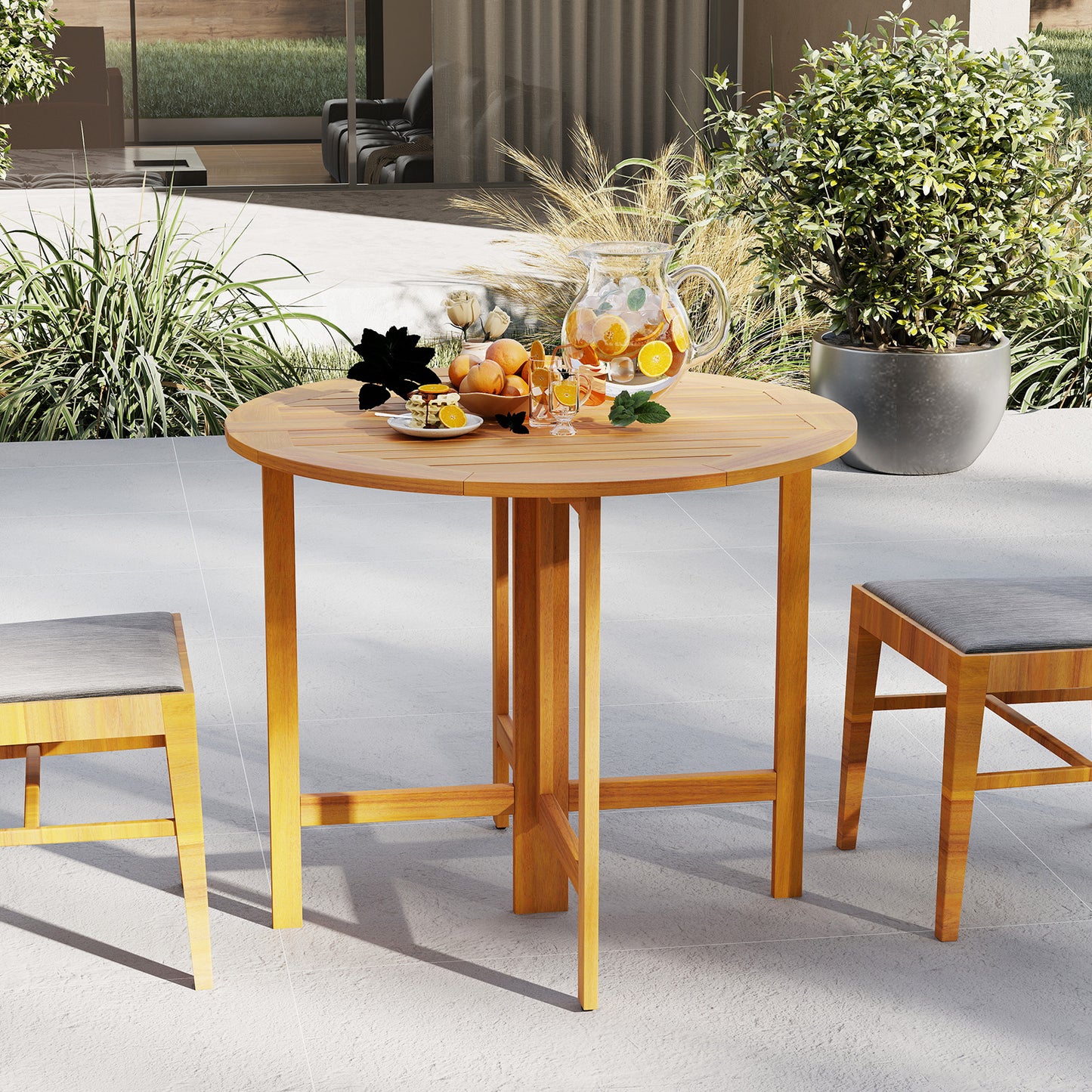 36 Inches Outdoor Folding Round Dining Table with Slatted Tabletop, Teak Patio Dining Tables at Gallery Canada