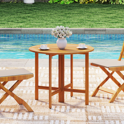 36 Inches Outdoor Folding Round Dining Table with Slatted Tabletop, Teak Patio Dining Tables at Gallery Canada