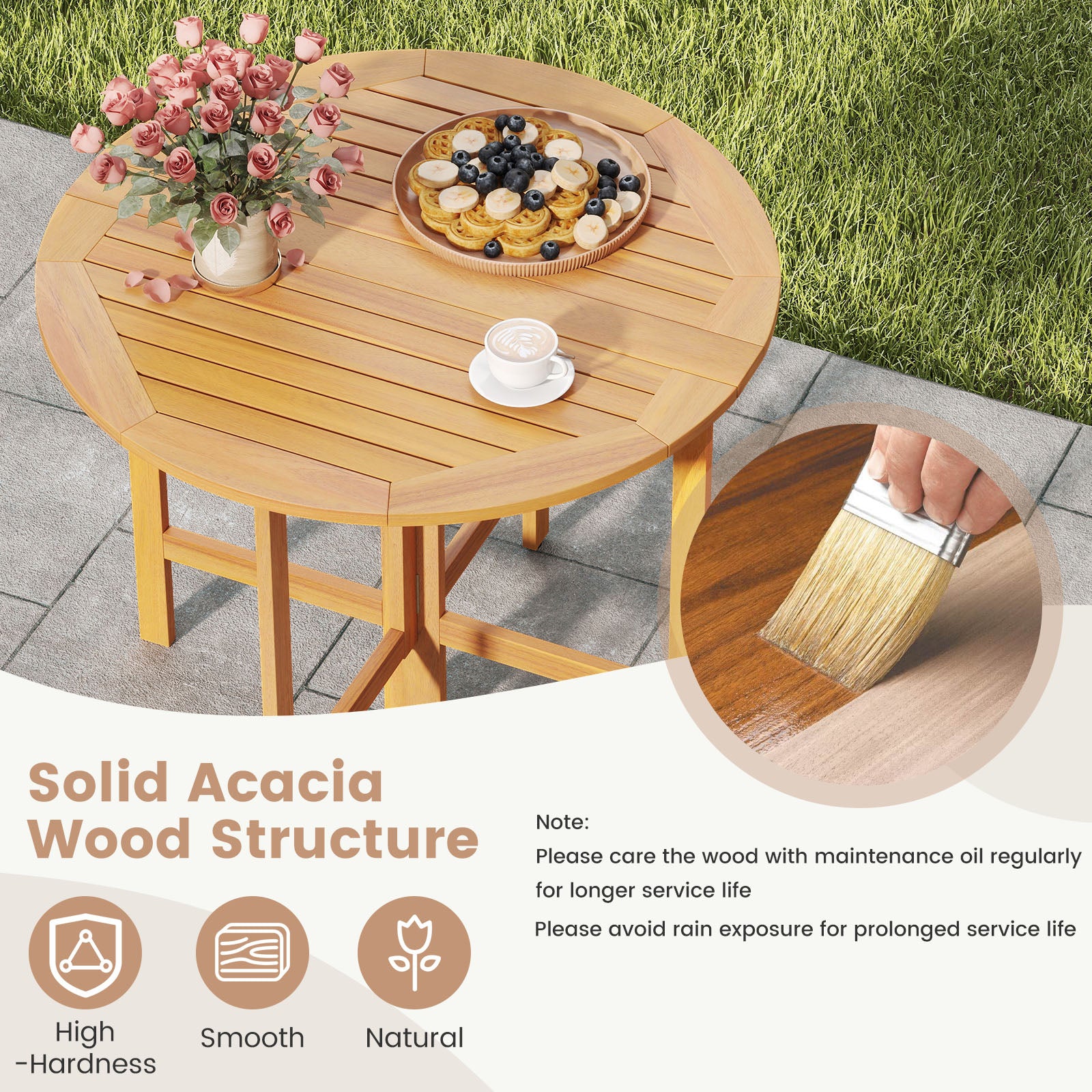 36 Inches Outdoor Folding Round Dining Table with Slatted Tabletop, Teak Patio Dining Tables at Gallery Canada