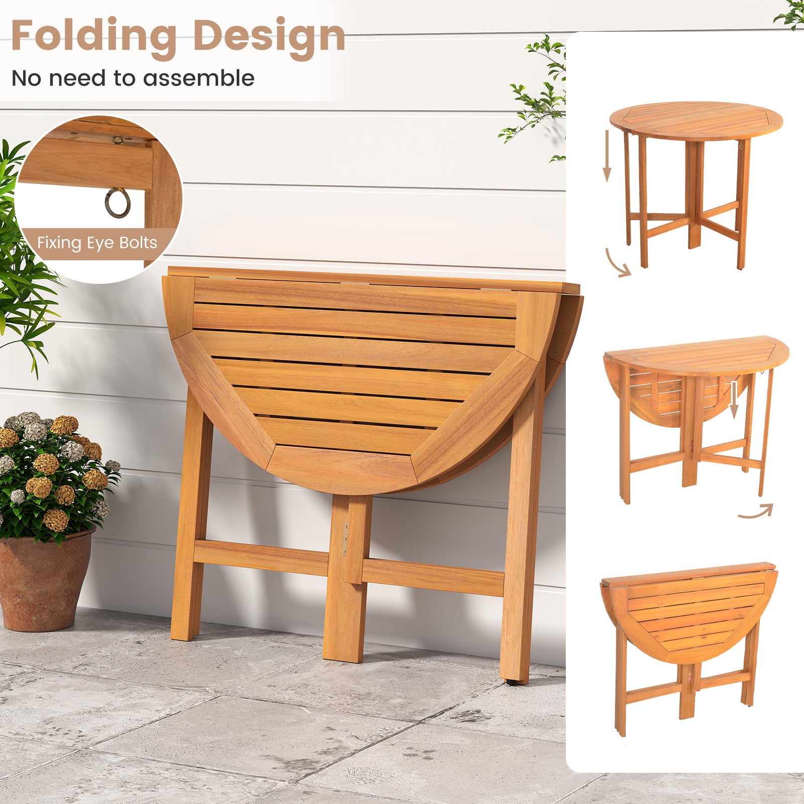 36 Inches Outdoor Folding Round Dining Table with Slatted Tabletop, Teak Patio Dining Tables at Gallery Canada