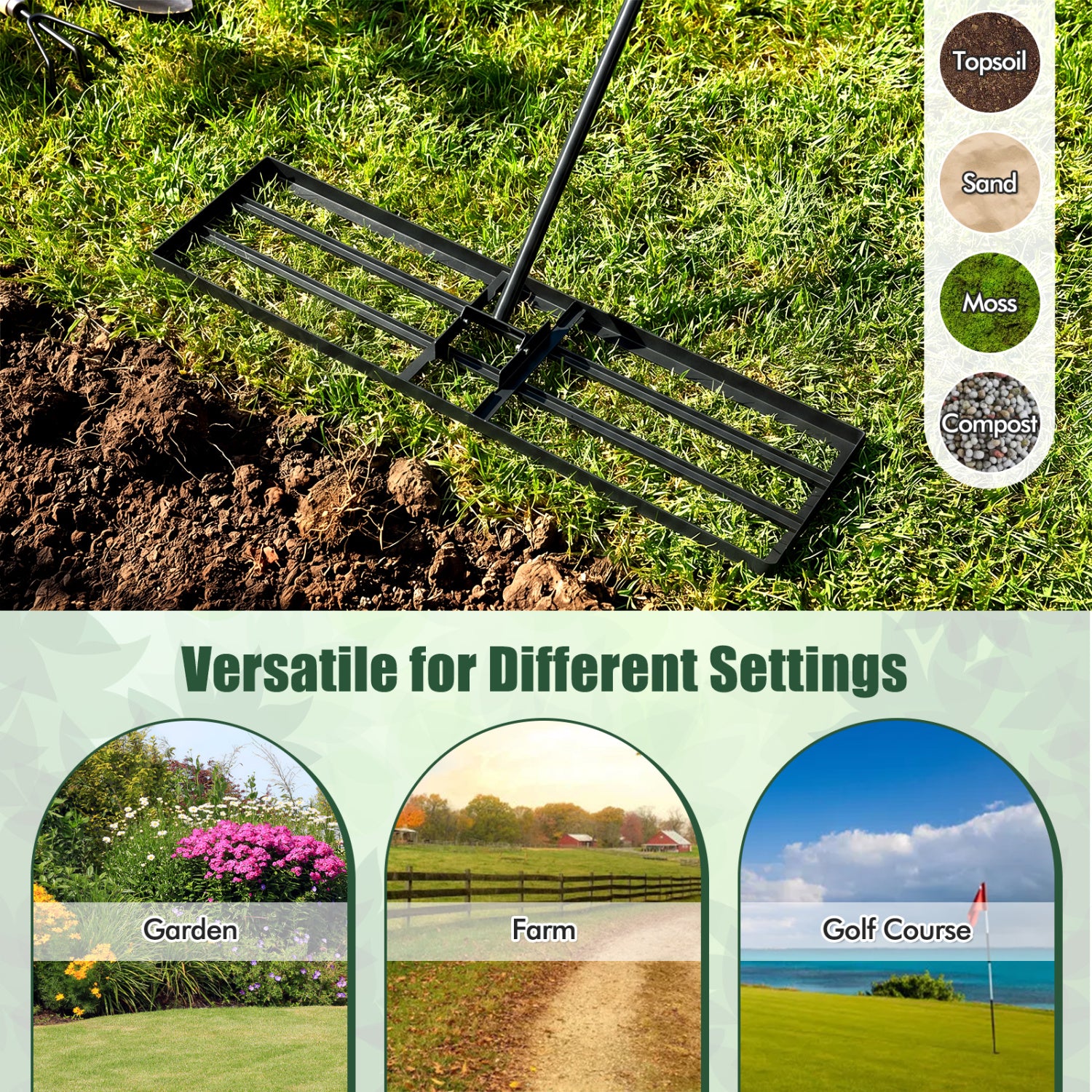 36 x 10 Inch Lawn Leveling Rake, Ergonomic Handle, Black Lawn Care Tools at Gallery Canada