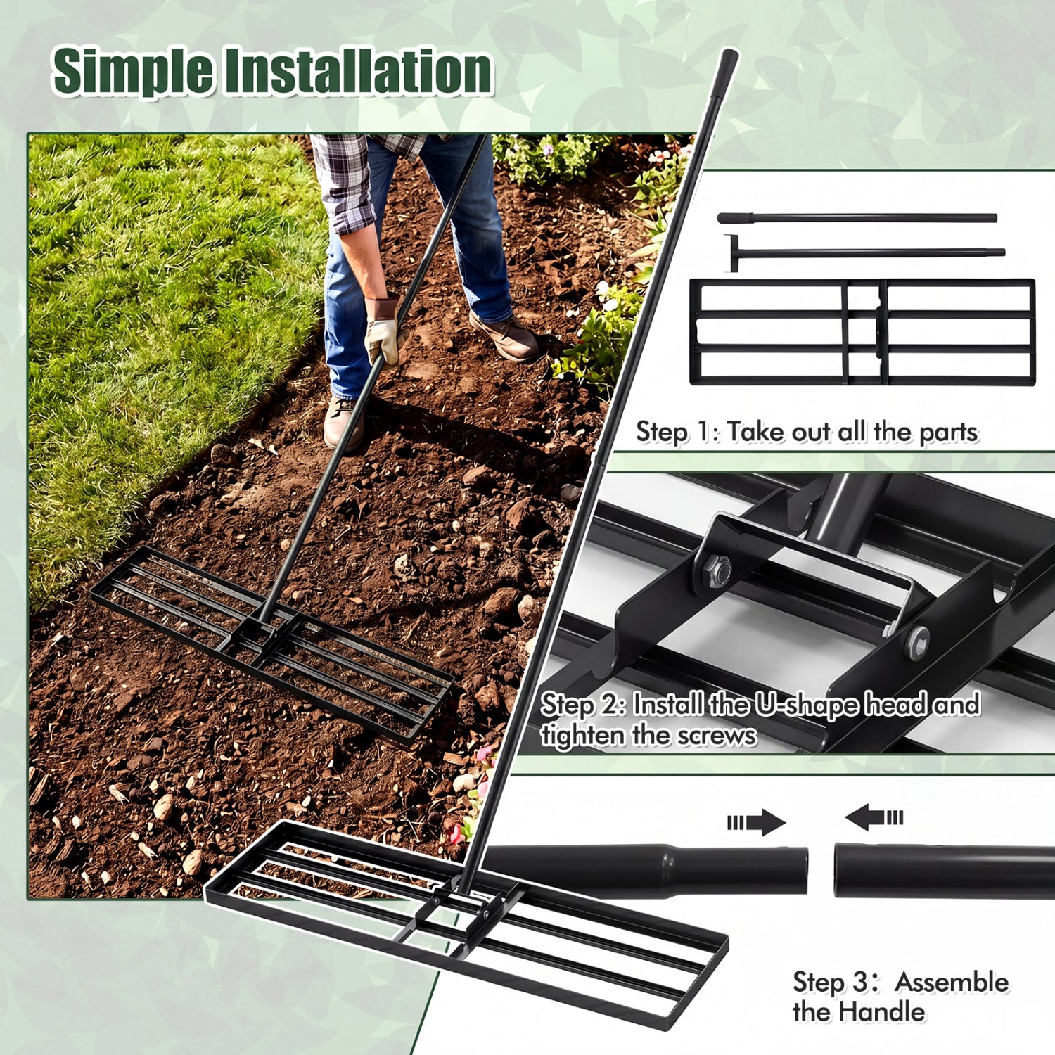 36 x 10 Inch Lawn Leveling Rake, Ergonomic Handle, Black Lawn Care Tools at Gallery Canada