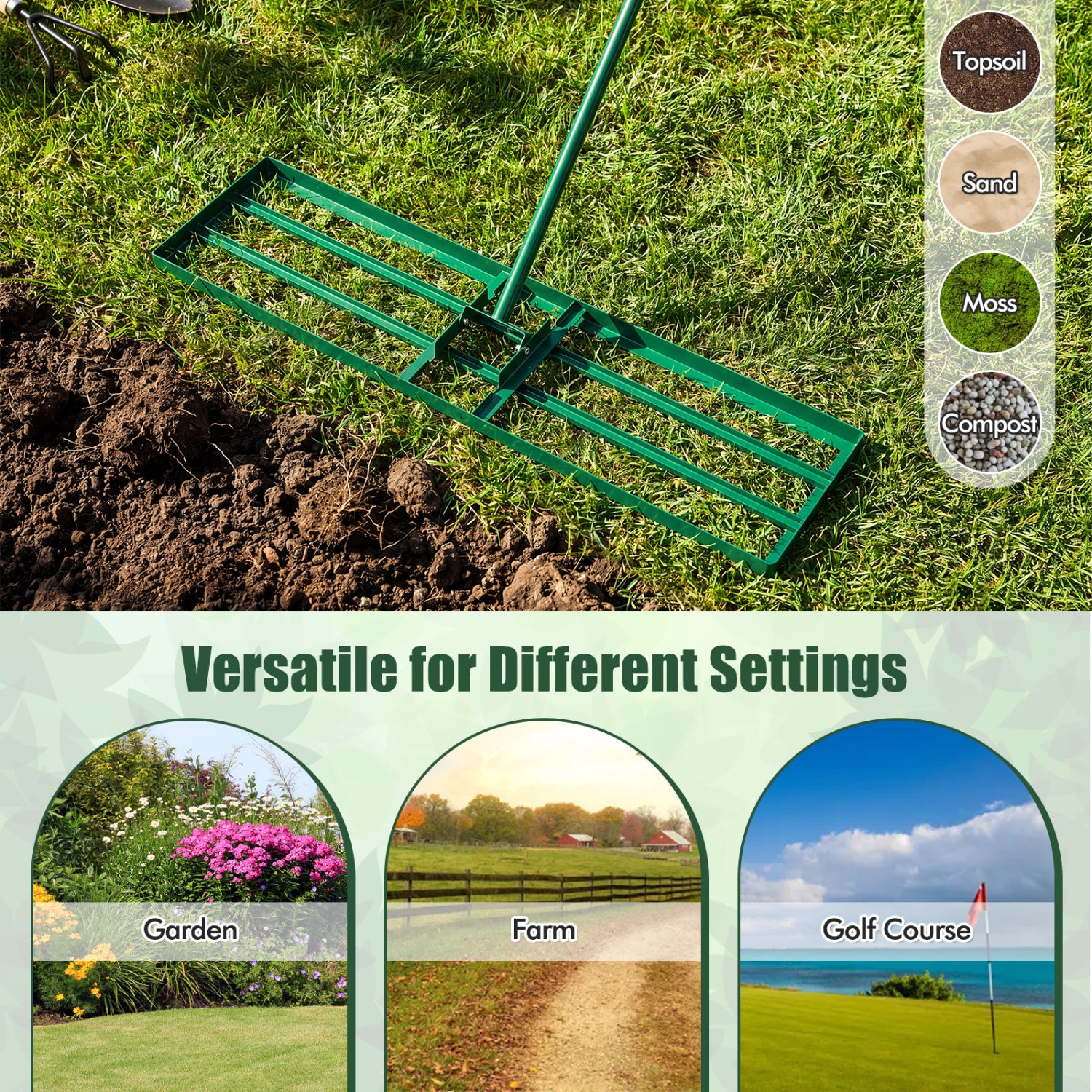 36 x 10 Inch Lawn Leveling Rake, Ergonomic Handle, Green Garden Tools at Gallery Canada