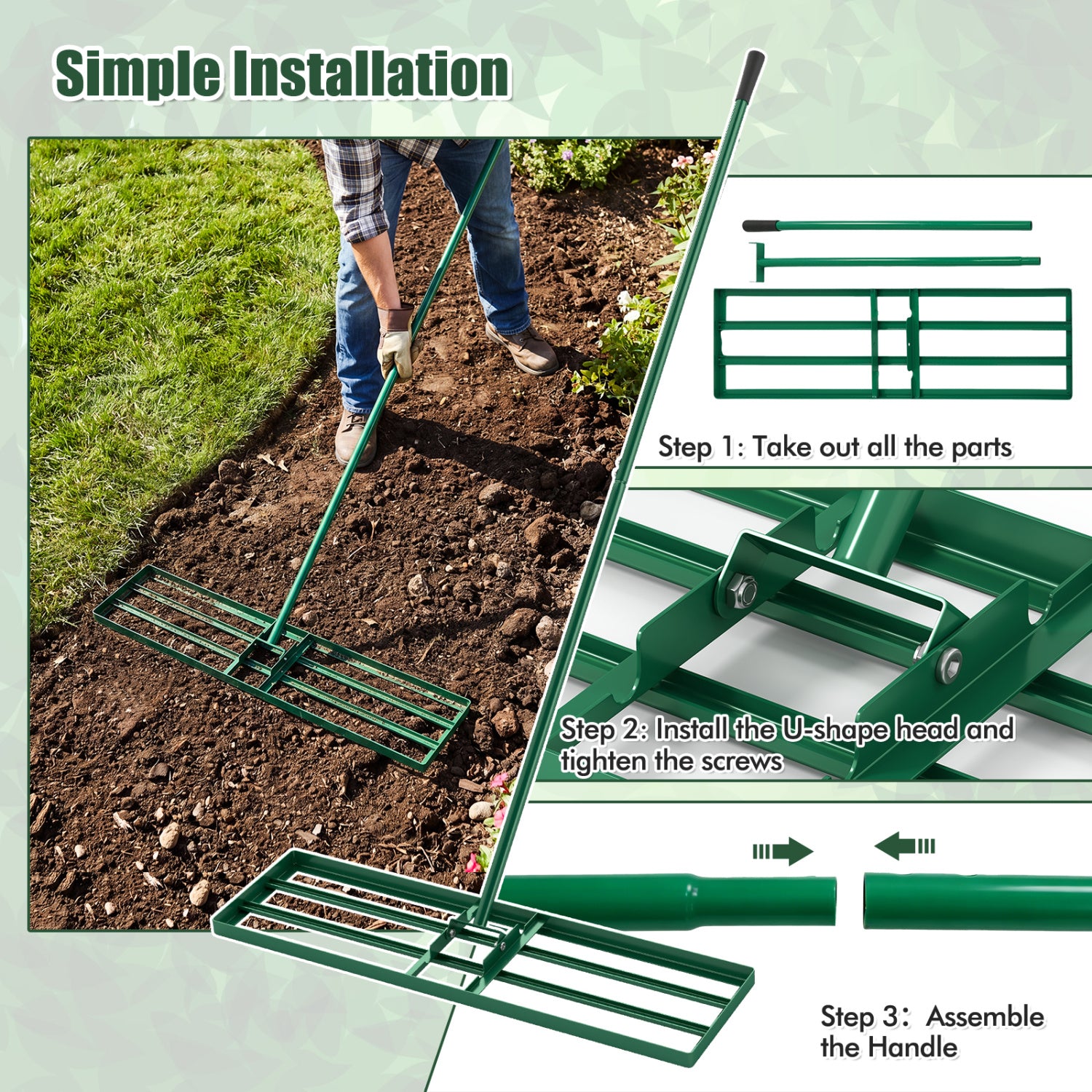 36 x 10 Inch Lawn Leveling Rake, Ergonomic Handle, Green Garden Tools at Gallery Canada