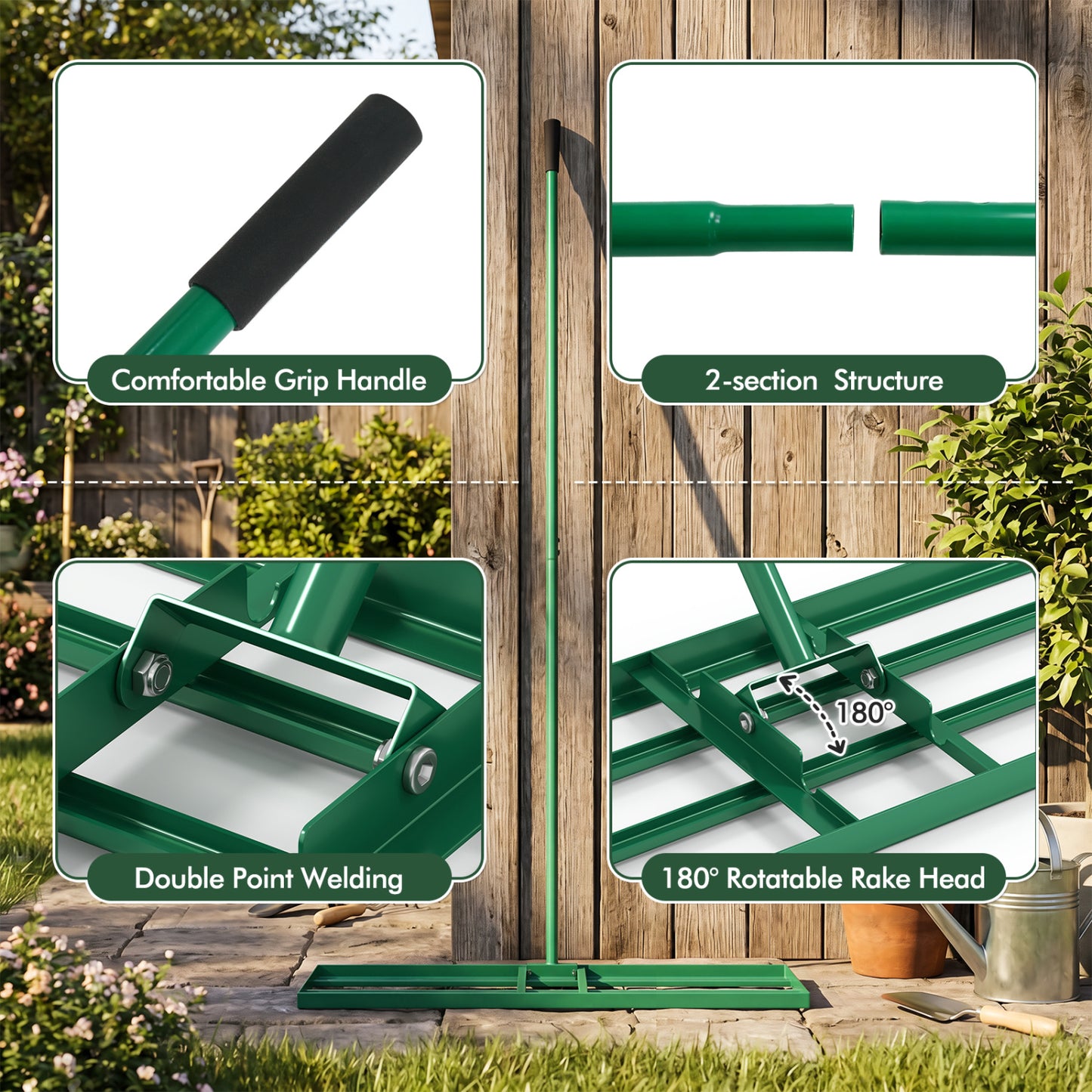 36 x 10 Inch Lawn Leveling Rake, Ergonomic Handle, Green Garden Tools at Gallery Canada