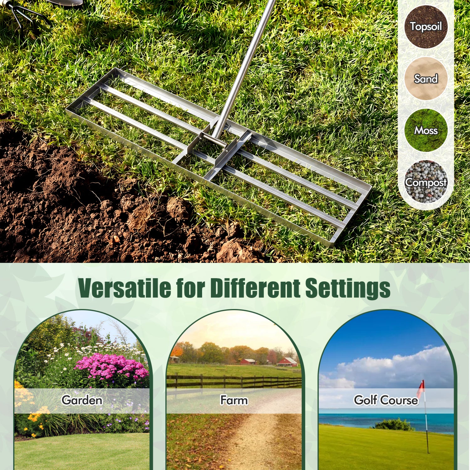 36 x 10 Inch Lawn Leveling Rake, Ergonomic Handle, Silver Lawn Care Tools at Gallery Canada