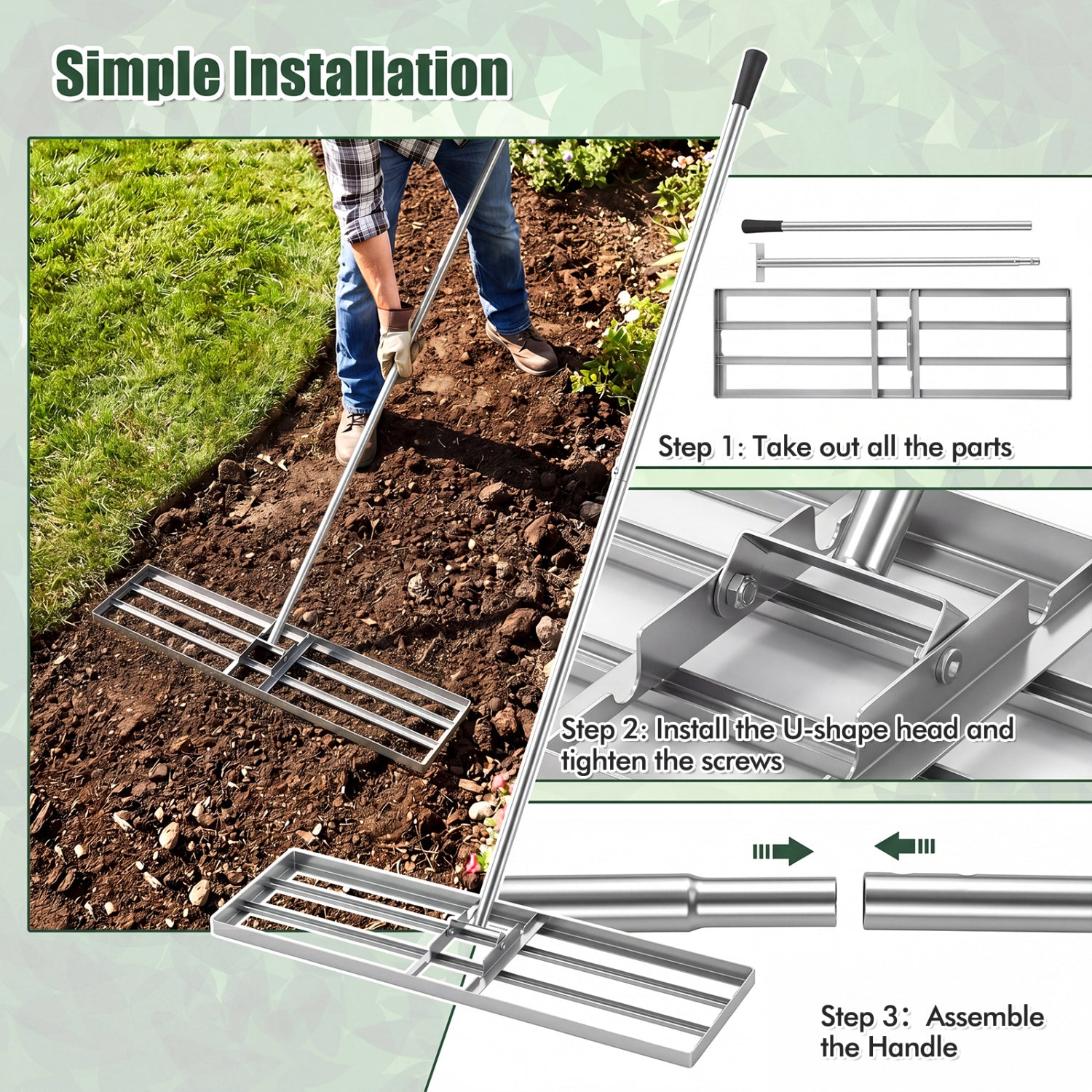36 x 10 Inch Lawn Leveling Rake, Ergonomic Handle, Silver Lawn Care Tools at Gallery Canada