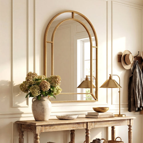 36 x 24 Inch Decorative Mirror, Beaded Frame, Living Room, Gold