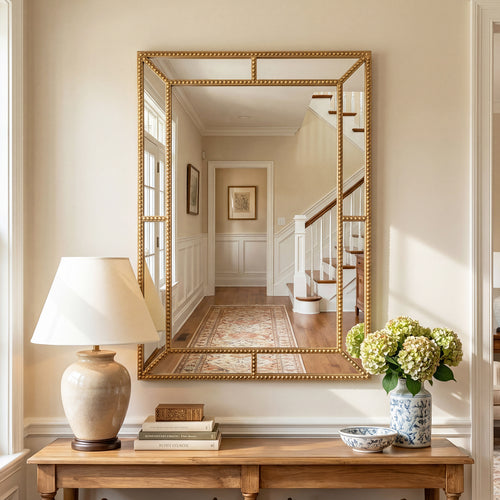 36 x 24 Inch Wall Mirror, Beaded Frame, Living Room, Gold