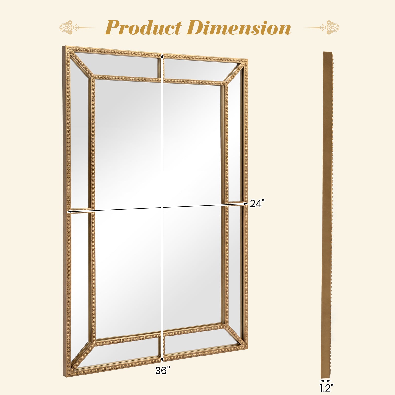 36 x 24 Inch Wall Mirror, Beaded Frame, Living Room, Gold Wall Mirrors at Gallery Canada