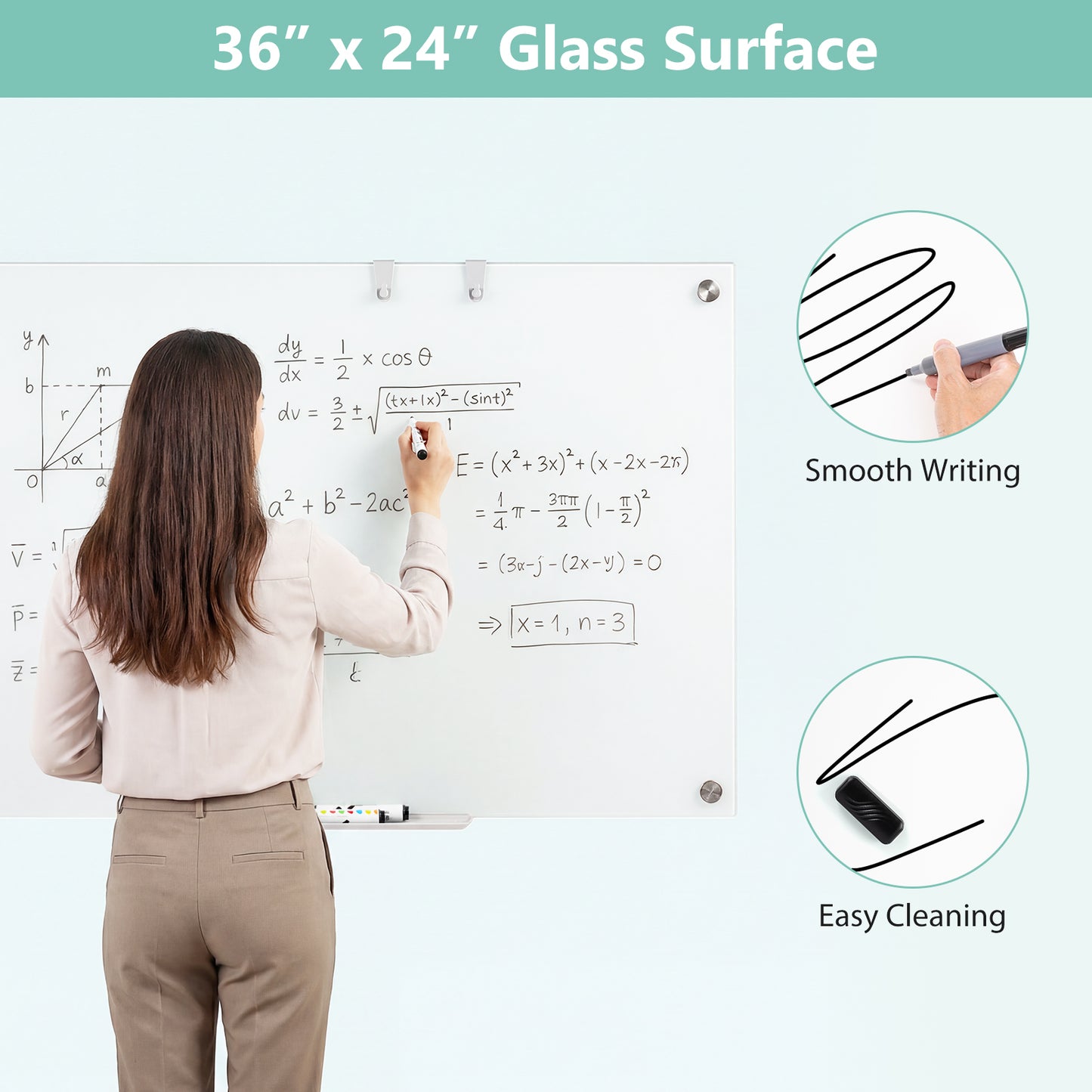 36 x 24 Inches Glass Whiteboard with Eraser and Removable Tray Home Office at Gallery Canada