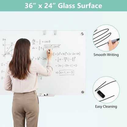 36 x 24 Inches Glass Whiteboard with Eraser and Removable Tray Home Office at Gallery Canada