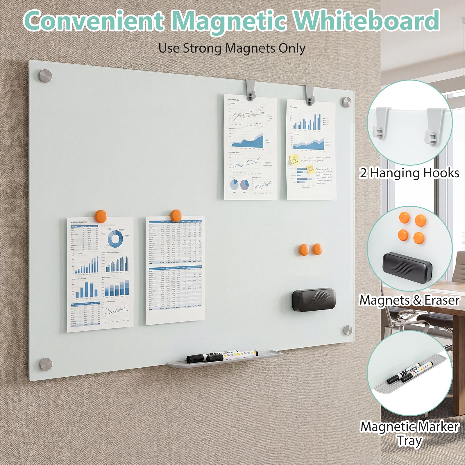 36 x 24 Inches Glass Whiteboard with Eraser and Removable Tray Home Office at Gallery Canada
