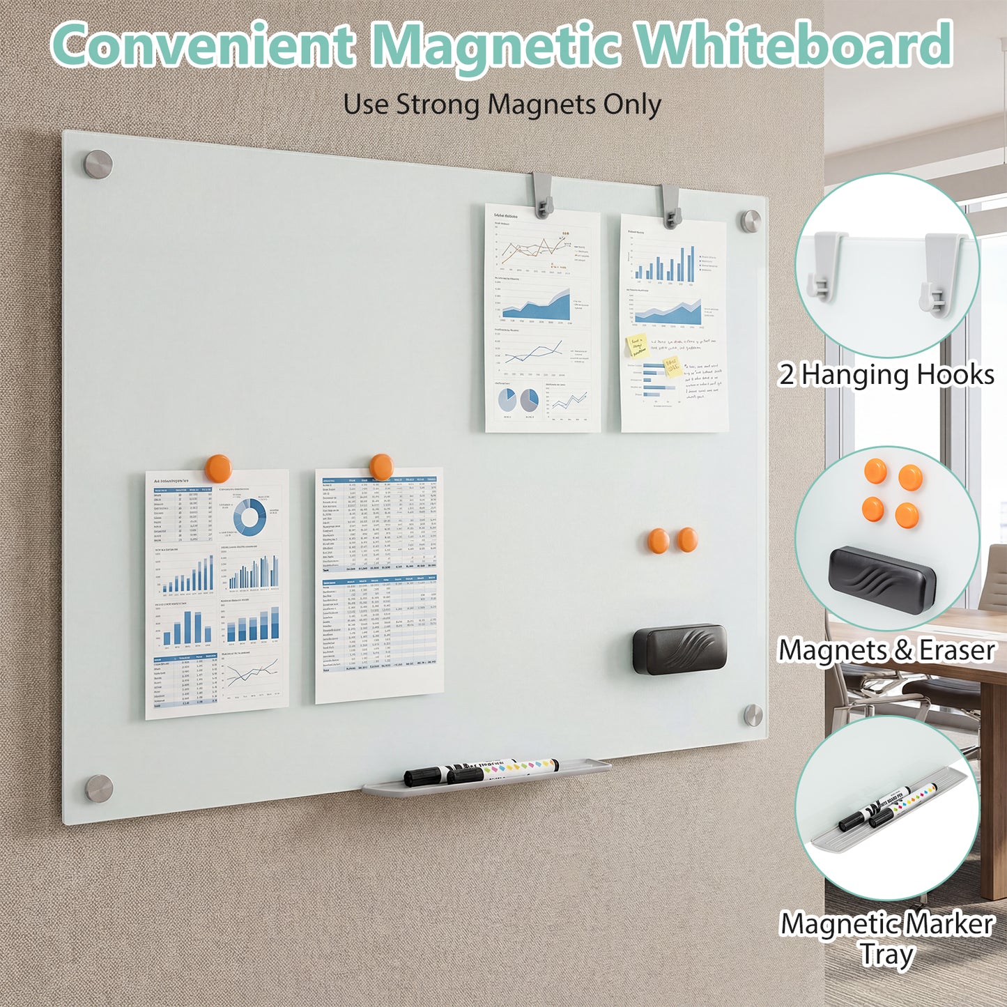 36 x 24 Inches Glass Whiteboard with Eraser and Removable Tray Home Office at Gallery Canada