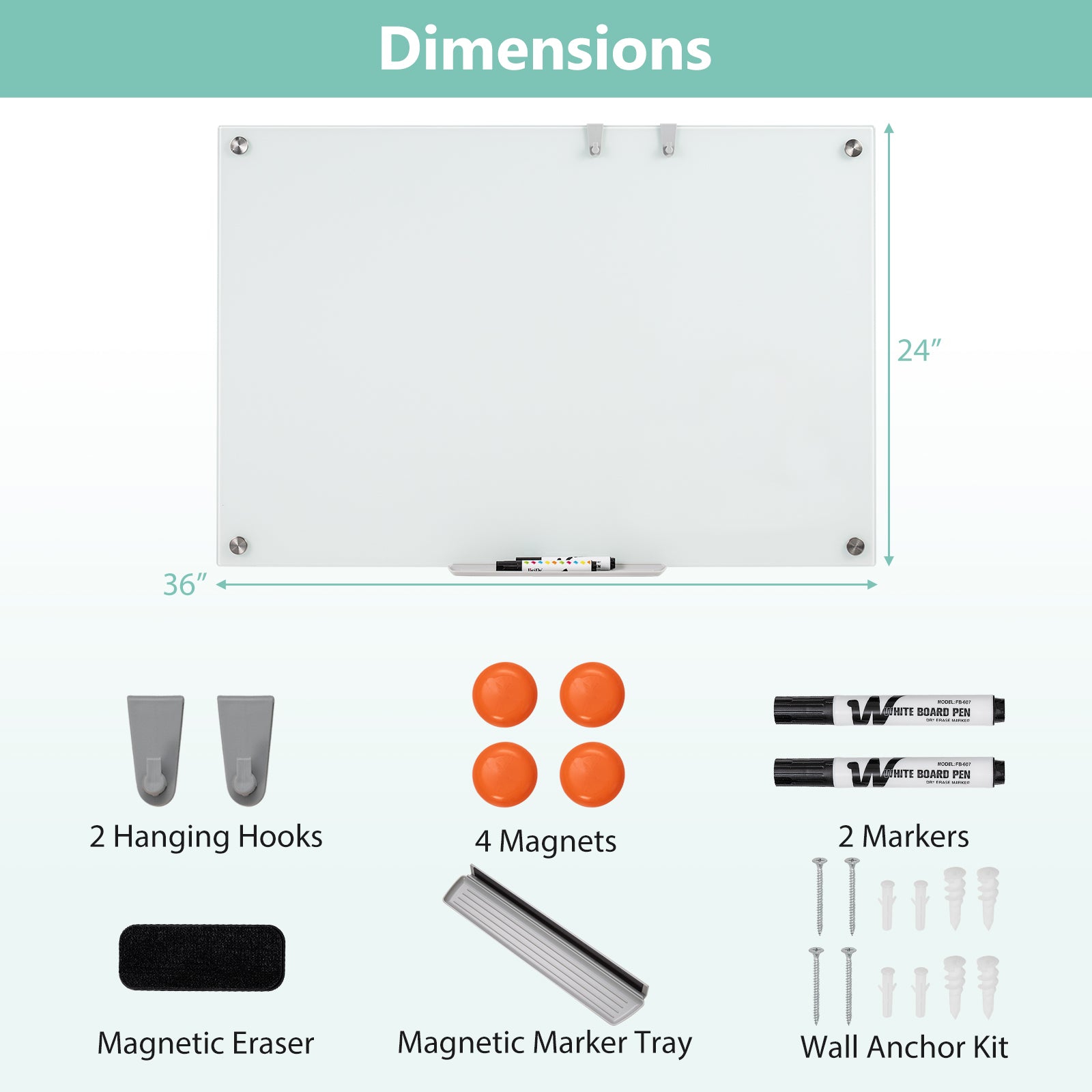 36 x 24 Inches Glass Whiteboard with Eraser and Removable Tray Home Office at Gallery Canada