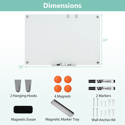 36 x 24 Inches Glass Whiteboard with Eraser and Removable Tray Home Office at Gallery Canada