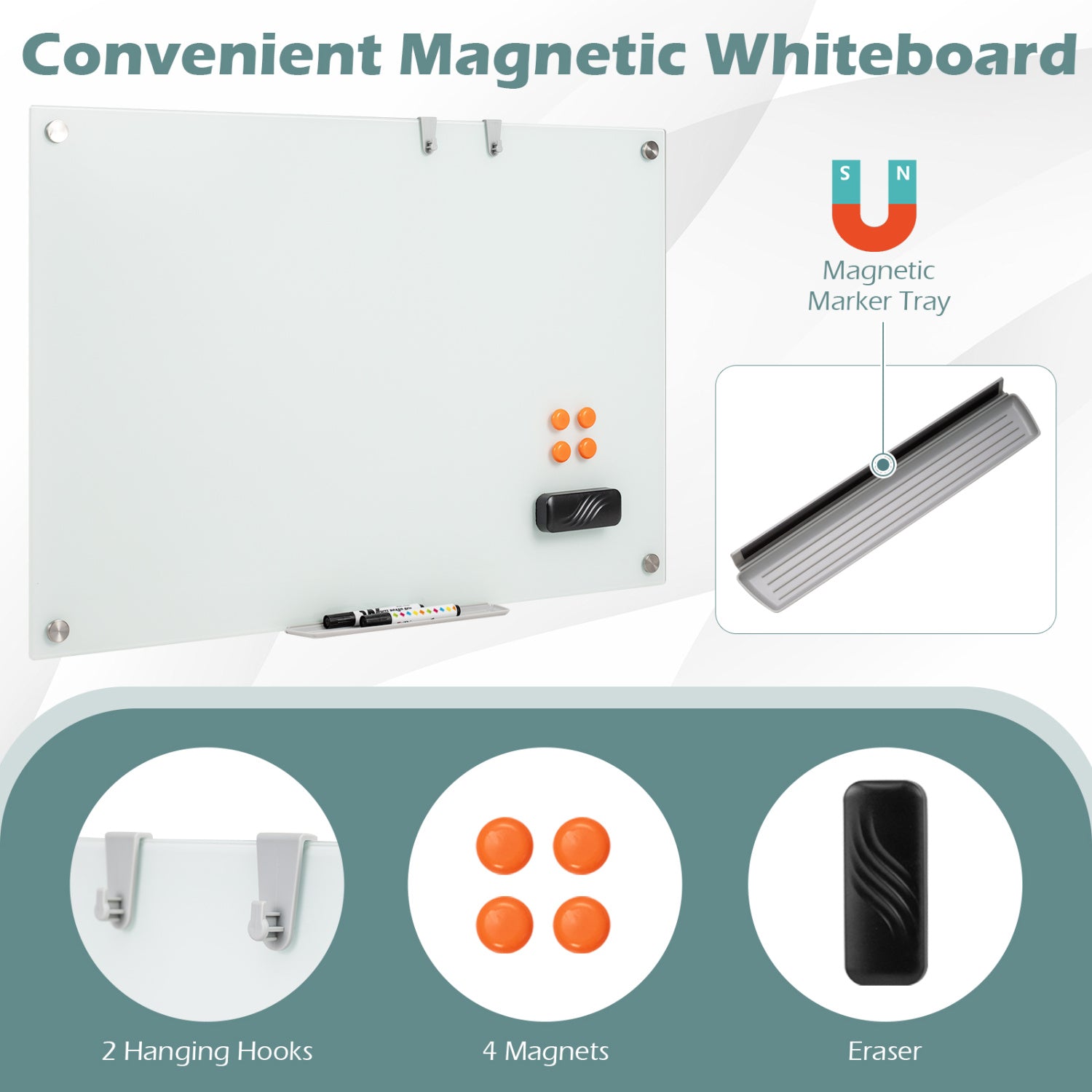 36 x 24 Inches Glass Whiteboard with Eraser and Removable Tray Home Office at Gallery Canada