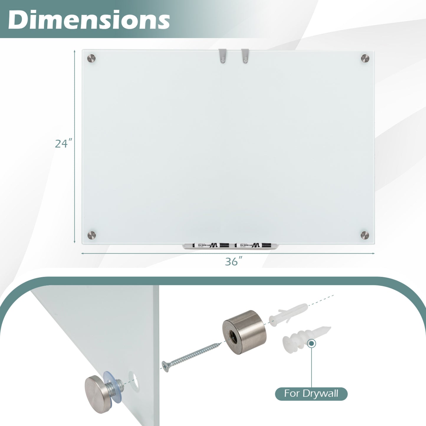 36 x 24 Inches Glass Whiteboard with Eraser and Removable Tray Home Office at Gallery Canada