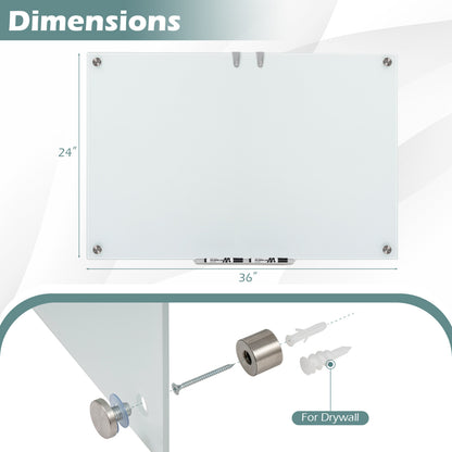36 x 24 Inches Glass Whiteboard with Eraser and Removable Tray Home Office at Gallery Canada