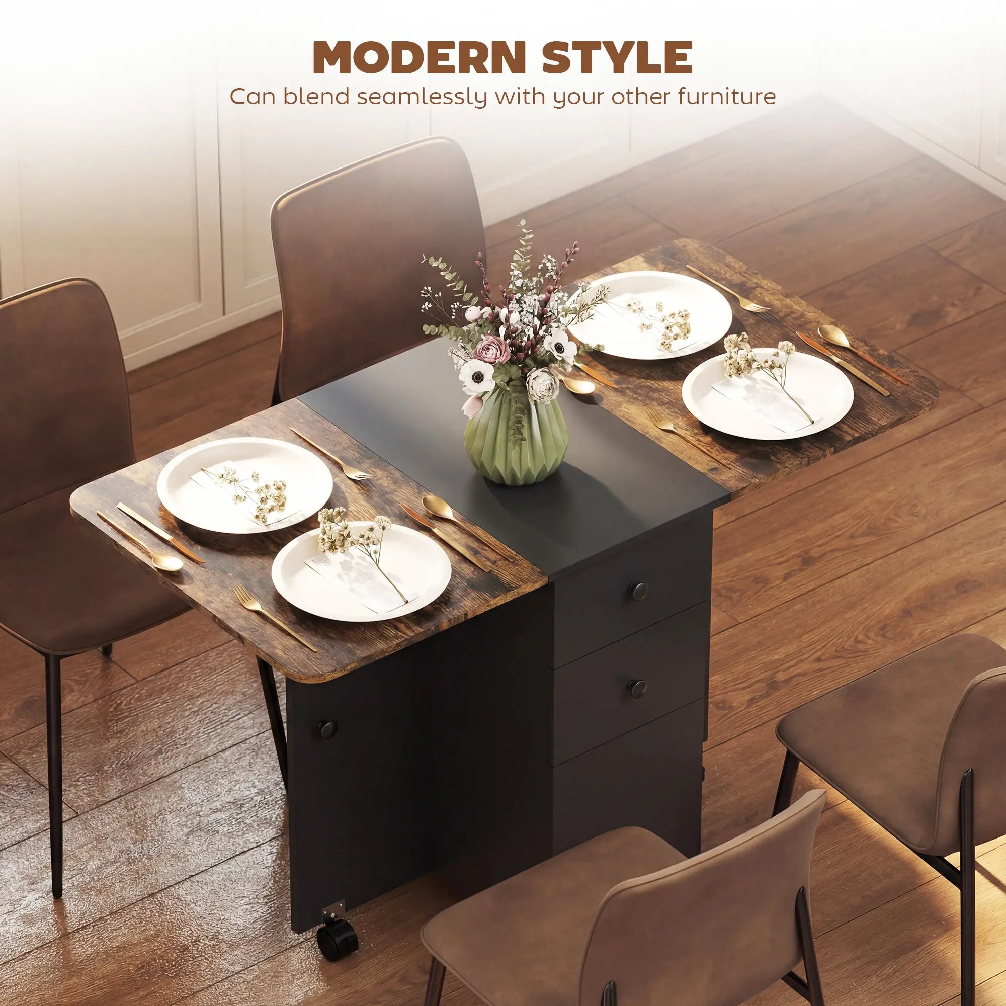 Drop Leaf Dining Table On Wheels With Drawers, Rustic Brown And Black, Brown, Black Dining Tables at Gallery Canada